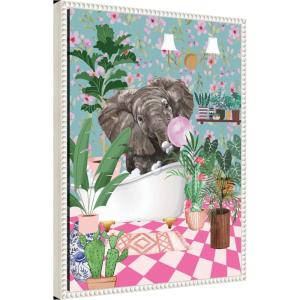 image:imageKate and Laurel Maximalist Bathroom Elephant Bubblegum Framed Canvas Wall Art by Honey Island Studio 18 x 24 Sylvie Beaded White Whimsical Animals Bathroom Flowers Art for Wall DecorBeaded White