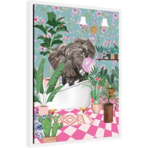 image:imageKate and Laurel Maximalist Bathroom Elephant Bubblegum Framed Canvas Wall Art by Honey Island Studio 18 x 24 Sylvie Beaded White Whimsical Animals Bathroom Flowers Art for Wall DecorWhite