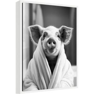 image:imageKate and Laurel Pig Bathroom Art Towel Robe Black and White Framed Canvas Wall Art by The Creative Bunch Studio 18 x 24 Sylvie White Whimsical Animals Bathroom Art for Wall Decor Living Room