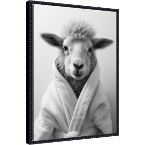 image:imageKate and Laurel Sheep Bathroom Art Towel Robe Black and White Framed Canvas Wall Art by The Creative Bunch Studio 18 x 24 Sylvie Beaded Black Whimsical Animals Humor Art for Wall Decor Living Room