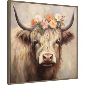 image:imageKate and Laurel Sylvie Adorable Floral Boho Highland Cow Framed Canvas Wall Art by The Creative Bunch Studio 30 x 30 Bronze Bohemian Boho Animals Flowers Nature Art for Wall Decor Living RoomGold
