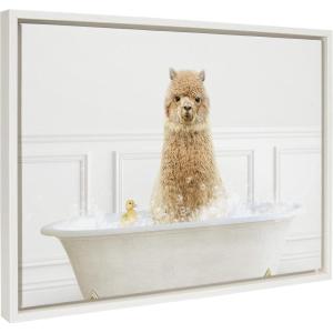 image:imageKate and Laurel Sylvie Alpaca In Bubble Bath Neutral Style Framed Canvas Wall Art by Amy Peterson Art Studio 18x24 White Minamlist Animal Art for Bathroom LaundryWhite