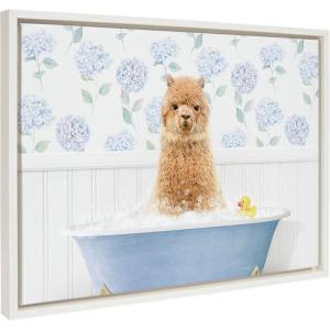 image:imageKate and Laurel Sylvie Baby Alpaca in Hydrangea Bubble Bath Framed Canvas Wall Art by Amy Peterson Art Studio 18x24 White Cute Animal Bathtub Art for Wall
