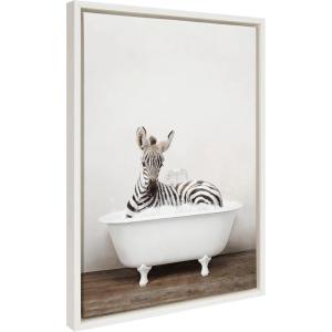 image:imageKate and Laurel Sylvie Baby Zebra in Rustic Bath Framed Canvas Wall Art by Amy Peterson Art Studio 18x24 Natural Modern Fun Decorative Bathtub Wall Art for Home DcorWhite