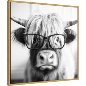 image:imageKate and Laurel Sylvie Black and White Highland Cow in Reading Glasses Framed Canvas Wall Art by The Creative Bunch Studio 30 x 30 Beaded Natural Black and White Animal Wall Decor Living RoomBright Gold