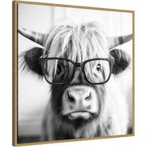 image:imageKate and Laurel Sylvie Black and White Highland Cow in Reading Glasses Framed Canvas Wall Art by The Creative Bunch Studio 30 x 30 Beaded Natural Black and White Animal Wall Decor Living RoomBeaded Natural