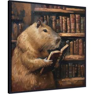 image:imageKate and Laurel Sylvie Colorful Traditional Capybara Reading in Library Framed Canvas Wall Art by The Creative Bunch Studio 30x30 Beaded Black Whimsical Animal Art for Wall Decor Living Room
