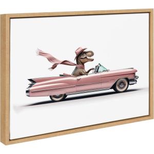 image:imageKate and Laurel Sylvie Cowgirl Dino Driving 1950s Pink Cadillac Framed Canvas Wall Art by Saint and Sailor Studios 18x24 Natural Cute Toy Car Art for WallNatural