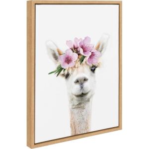 image:imageKate and Laurel Sylvie Flower Crown Alpaca Framed Canvas Wall Art by Amy Peterson Art Studio 18x24 Natural Cute Animal Art for Wall Decor