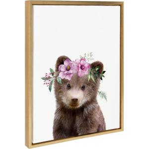 image:imageKate and Laurel Sylvie Flower Crown Bear Framed Canvas Wall Art by Amy Peterson Art Studio 18x24 Natural Cute Animal Art for Wall DecorBright Gold