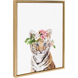 image:imageKate and Laurel Sylvie Flower Crown Tiger Cub Framed Canvas Wall Art by Amy Peterson Art Studio 18x24 Natural Cute Animal Art for Wall DecorBright Gold