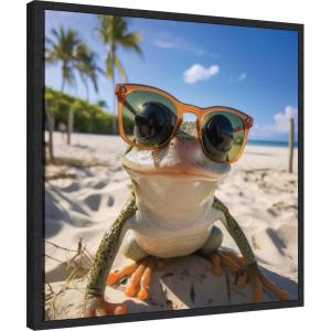 image:imageKate and Laurel Sylvie Funny Animal Beach Cool Frog Orange Glasses Selfie Framed Canvas Wall Art by The Creative Bunch Studio 22x22 Natural Funny Cute Animal Art for WallBlack