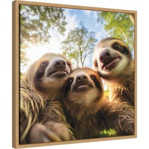 image:imageKate and Laurel Sylvie Funny Animal Sloth Selfie Framed Canvas Wall Art by The Creative Bunch Studio 22x22 Natural Funny Cute Animal Art for WallNatural