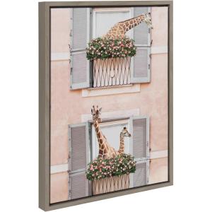 image:imageKate and Laurel Sylvie Giraffe Neighbors Framed Canvas Wall Art by July Art Prints 18x24 Gray Zoo Animal City Wall Art DecorGray