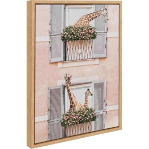 image:imageKate and Laurel Sylvie Giraffe Neighbors Framed Canvas Wall Art by July Art Prints 18x24 Gray Zoo Animal City Wall Art DecorNatural