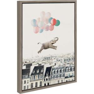 image:imageKate and Laurel Sylvie Happy Elephant in Paris Framed Canvas Wall Art by July Art Prints 18x24 Natural Zoo Animal City Wall Art DecorGray
