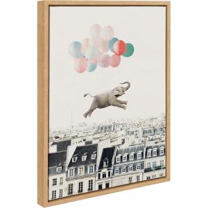 image:imageKate and Laurel Sylvie Happy Elephant in Paris Framed Canvas Wall Art by July Art Prints 18x24 Natural Zoo Animal City Wall Art DecorNatural