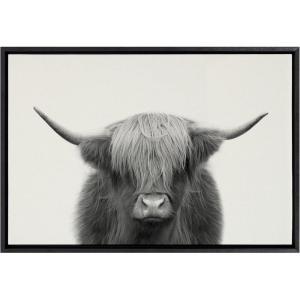 image:imageKate and Laurel Sylvie Hey Dude Highland Cow BW Framed Linen Textured Canvas Wall Art by The Creative Bunch Studio 28x38 Gray Chic Farm Animal Art for WallBlack