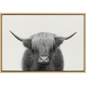 image:imageKate and Laurel Sylvie Hey Dude Highland Cow BW Framed Linen Textured Canvas Wall Art by The Creative Bunch Studio 28x38 Gray Chic Farm Animal Art for WallNatural
