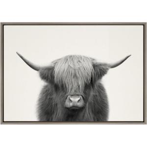image:imageKate and Laurel Sylvie Hey Dude Highland Cow BW Framed Linen Textured Canvas Wall Art by The Creative Bunch Studio 28x38 Gray Chic Farm Animal Art for WallGrey