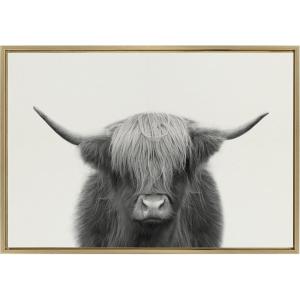 image:imageKate and Laurel Sylvie Hey Dude Highland Cow BW Framed Linen Textured Canvas Wall Art by The Creative Bunch Studio 28x38 Gray Chic Farm Animal Art for WallGold