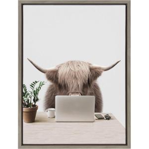 image:imageKate and Laurel Sylvie Hi Im Harry I Work in Sales Framed Canvas Wall Art by The Creative Bunch Studio 18x24 Gray Highland Cow Animal Office Art for Walls