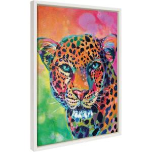 image:imageKate and Laurel Sylvie Leopard Magic Framed Canvas Wall Art by Rachel Christopoulos 18x24 Natural Modern Bright Colorful Animal Art for WallWhite