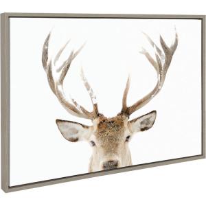 image:imageKate and Laurel Sylvie Stag Peekaboo Framed Canvas Wall Art by Amy Peterson Art Studio 23x33 Natural Snowy Deer Portrait Art for WallGray