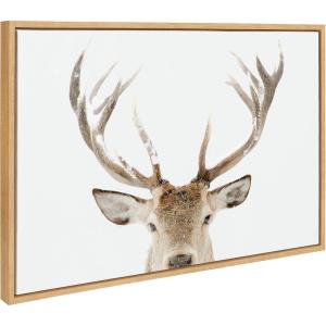 image:imageKate and Laurel Sylvie Stag Peekaboo Framed Canvas Wall Art by Amy Peterson Art Studio 23x33 Natural Snowy Deer Portrait Art for WallNatural