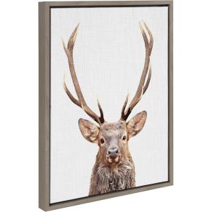 image:imageKate and Laurel Sylvie The Red Deer Color Framed Canvas Wall Art by Simon Te of Tai Prints 18x24 Natural Rustic Forest Animal Deer Portrait ArtGray