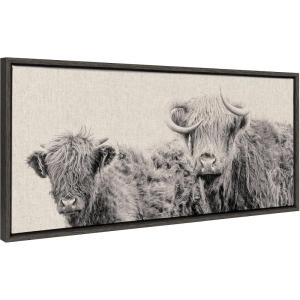 image:imageKate and Laurel Sylvie Two Highland Cow Best Friends Neutral Linen Bright Framed Canvas Wall Art by The Creative Bunch Studio 18x40 Gray Wide Farm Animal Portrait Art for WallGray
