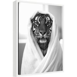 image:imageKate and Laurel Tiger Bathroom Art Towel Robe Black and White Framed Canvas Wall Art by The Creative Bunch Studio 18 x 24 Sylvie White Black amp White Animals Bathroom Art for Wall Decor Living Room