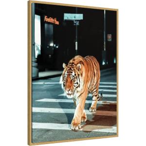 image:imageKate and Laurel Tiger in the City at Night 2 Framed Canvas Wall Art by Michael Schauer 28 x 38 Sylvie Bright Gold Industrial Urban Animals Cityscapes Art for Wall Decor Living Room Bedroom
