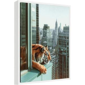 image:imageKate and Laurel Urban Tiger Overlooking Manhattan Framed Canvas Wall Art by Michael Schauer 18 x 24 Sylvie White Industrial Urban Animals Cityscapes Art for Wall Decor Living Room BedroomWhite