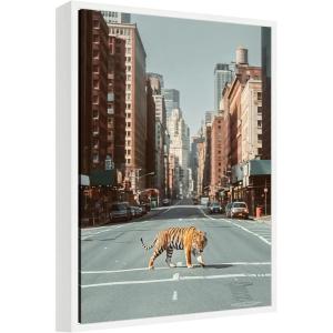 image:imageKate and Laurel Urban Tiger in the City Framed Canvas Wall Art by Michael Schauer 18 x 24 Sylvie White Industrial Urban Cityscapes Animals Art for Wall Decor Living Room BedroomWhite