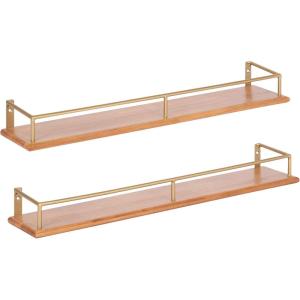 image:imageKate and Laurel Camryn 2Piece Wood and Metal Floating Wall Shelves 4 x 24 Natural Wood and Gold Simple Shelving Unit Set for Display or StorageNaturalGold