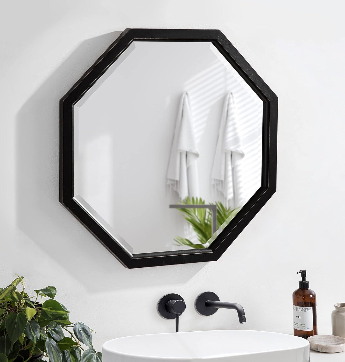 image:imageKate and Laurel Hogan Farmhouse Octagon Wood Wall Mirror 24 x 36 Rustic Brown Traditional Inspired Geometric Wall DecorBlack