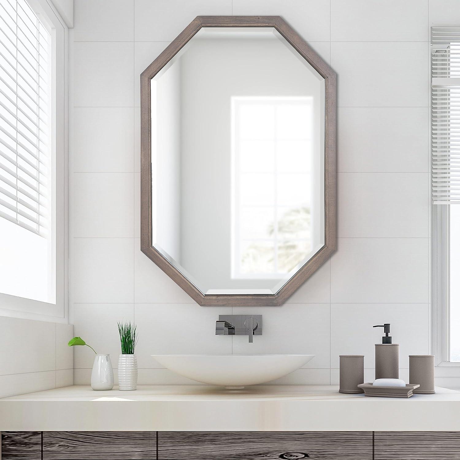 image:imageKate and Laurel Hogan Farmhouse Octagon Wood Wall Mirror 24 x 36 Rustic Brown Traditional Inspired Geometric Wall DecorGrey