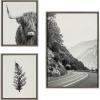 image:imageKate and Laurel Sylvie Highland Cow Wandering and Vintage Botanical Black and White Framed Linen Canvas Wall Art Set by Various Artists Set of 3 two 16x20 and one 23x33 Natural Finish Frames Neutral Decorative Landscape Art for WallGray