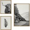 image:imageKate and Laurel Sylvie Highland Cow Wandering and Vintage Botanical Black and White Framed Linen Canvas Wall Art Set by Various Artists Set of 3 two 16x20 and one 23x33 Natural Finish Frames Neutral Decorative Landscape Art for WallNatural