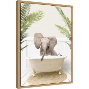 image:imageKate and Laurel Baby Elephant 3 in Palms Bathtub Framed Canvas Wall Art by Amy Peterson 18 x 24 Sylvie Natural Whimsical Animals Bathroom Tropical Art for Wall Decor Living Room Bedroom