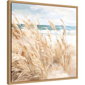image:imageKate and Laurel Beige Beach Grass Near Traquil Beach Framed Canvas Wall Art by The Creative Bunch Studio 22 x 22 Sylvie Natural Coastal Beach Nature Art for Wall Decor Living Room Bedroom