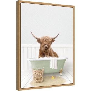 image:imageKate and Laurel Highland Cow in Cottage Green Bathtub Framed Canvas Wall Art by Amy Peterson 18 x 24 Sylvie Natural Whimsical Animals Humor Bathroom Art for Wall Decor Living Room Bedroom