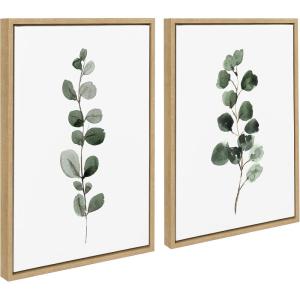 image:imageKate and Laurel Sylvie Eucalyptus 1a and 3b Framed Canvas Wall Art Set by Maja Mitrovic of Makes My Day Happy 2 Piece 18x24 Natural Chic Modern Farmhouse Wall DcorNatural