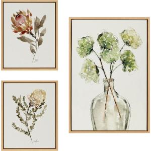 image:imageKate and Laurel Sylvie Greenery Vase Wild King Protea and Wild Banksia Framed Canvas Wall Art Set by Sara Berrenson 3 Piece Set Natural Soft Plant Greenery Art for Wall