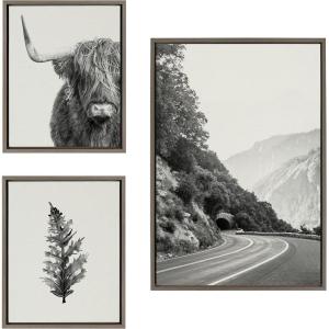 image:imageKate and Laurel Sylvie Highland Cow Wandering and Vintage Botanical Black and White Framed Linen Canvas Wall Art Set by Various Artists Set of 3 two 16x20 and one 23x33 Natural Finish Frames Neutral Decorative Landscape Art for WallGray