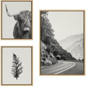 image:imageKate and Laurel Sylvie Highland Cow Wandering and Vintage Botanical Black and White Framed Linen Canvas Wall Art Set by Various Artists Set of 3 two 16x20 and one 23x33 Natural Finish Frames Neutral Decorative Landscape Art for WallNatural