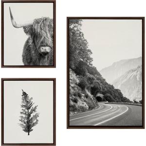 image:imageKate and Laurel Sylvie Highland Cow Wandering and Vintage Botanical Black and White Framed Linen Canvas Wall Art Set by Various Artists Set of 3 two 16x20 and one 23x33 Natural Finish Frames Neutral Decorative Landscape Art for WallBrown