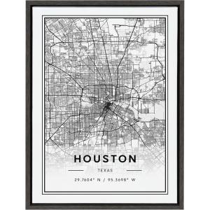 image:imageKate and Laurel Sylvie Houston Modern Map Framed Canvas Wall Art by Jake Goossen 18x24 Gray Decorative Map Art for Wall