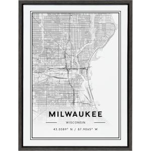 image:imageKate and Laurel Sylvie Milwaukee Modern Map Framed Canvas Wall Art by Jake Goossen 18x24 Gray Decorative Map Art for Wall